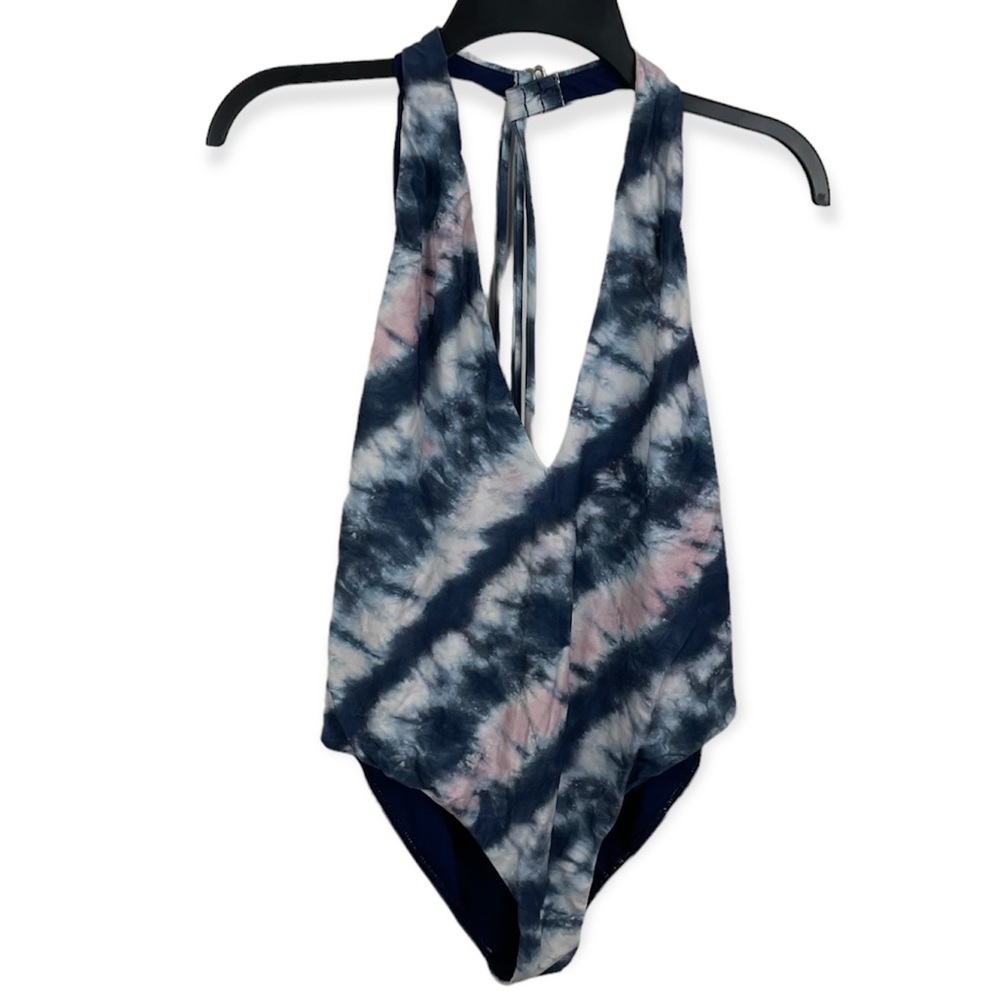 Billabong One Piece Swim Suit Tie Dye Pink Blue V Neck Open Back Halter Neck
